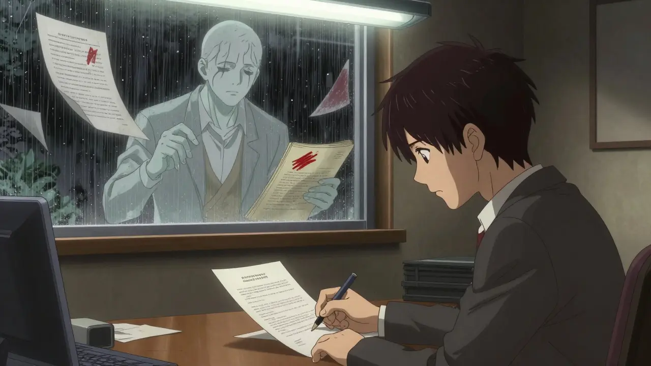 Покупатель подписывает договор переуступки в нотариальной конторе, за спиной — призрак предыдущего владельца с долгами.