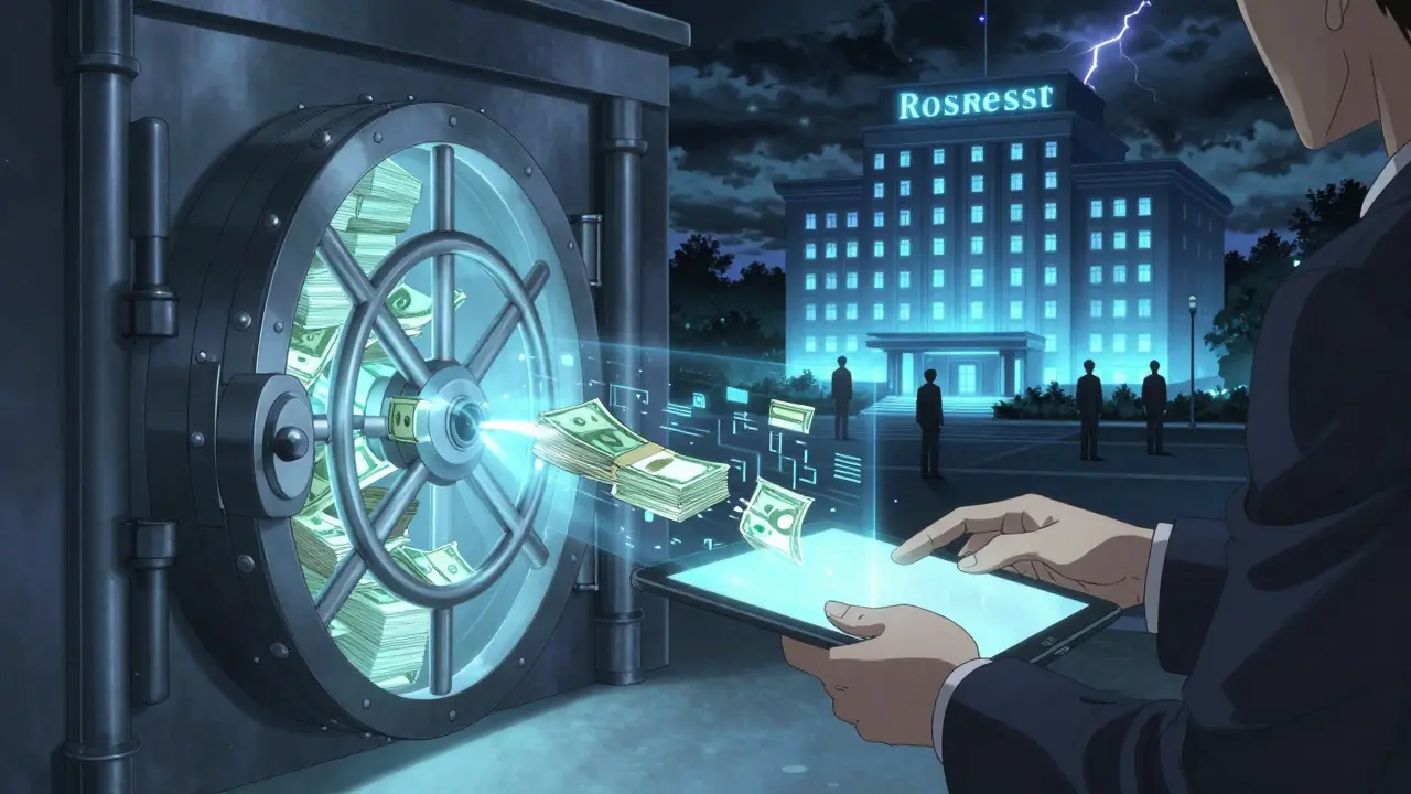 Безопасная передача денег через цифровой эскроу, риелтор контролирует процесс, на фоне — здание Росреестра.