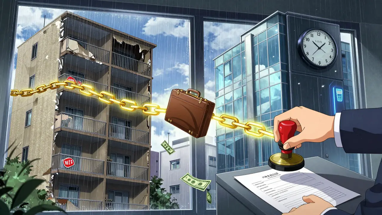 Одновременная передача залога между старой и новой квартирой, золотая цепь и цифровой штамп.