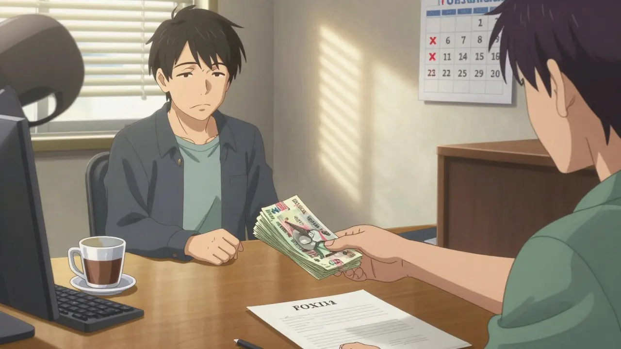 Передача наличных денег в офисе недвижимости, продавец выглядит облегчённым.