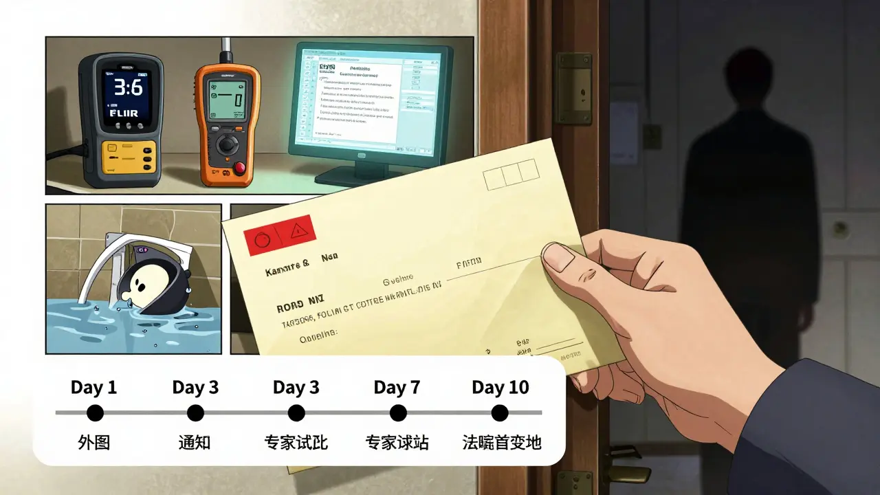 Письмо виновнику залива: на фоне — инструменты экспертизы и хронология действий после потопа.