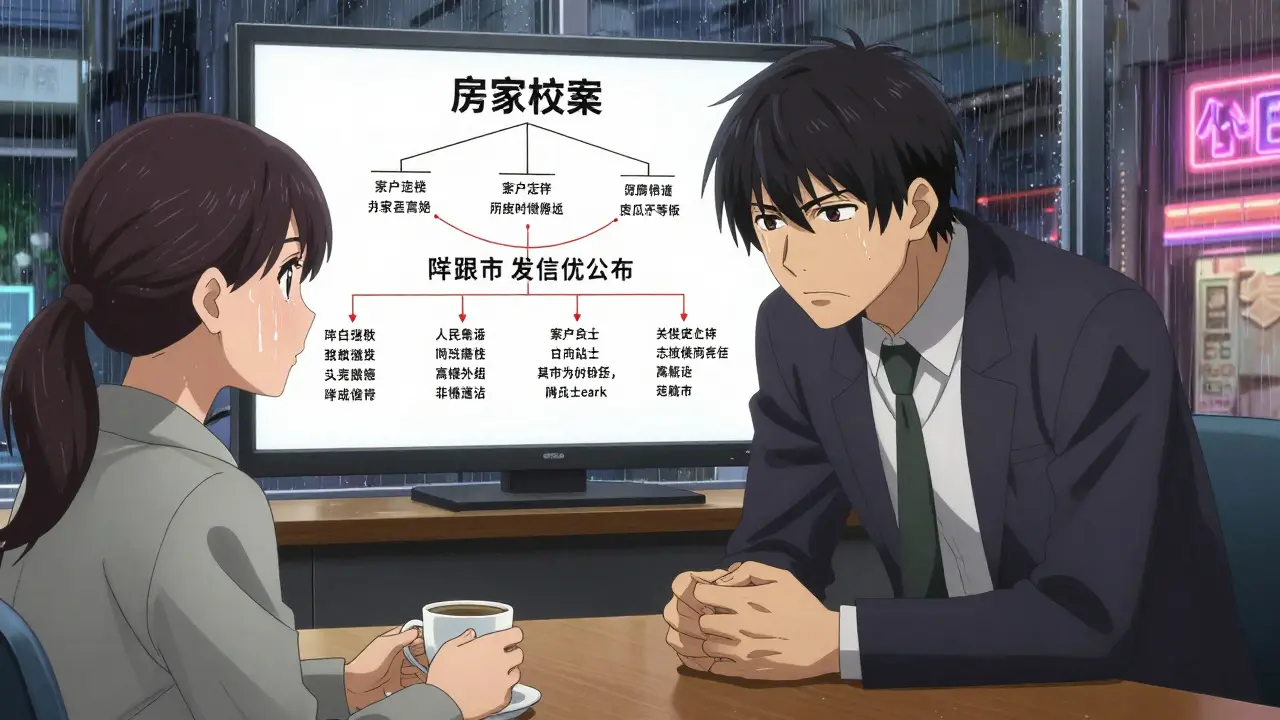 Риелтор ведёт переговоры с продавцом в офисе, на экране — цепочка собственников и судебные предупреждения.