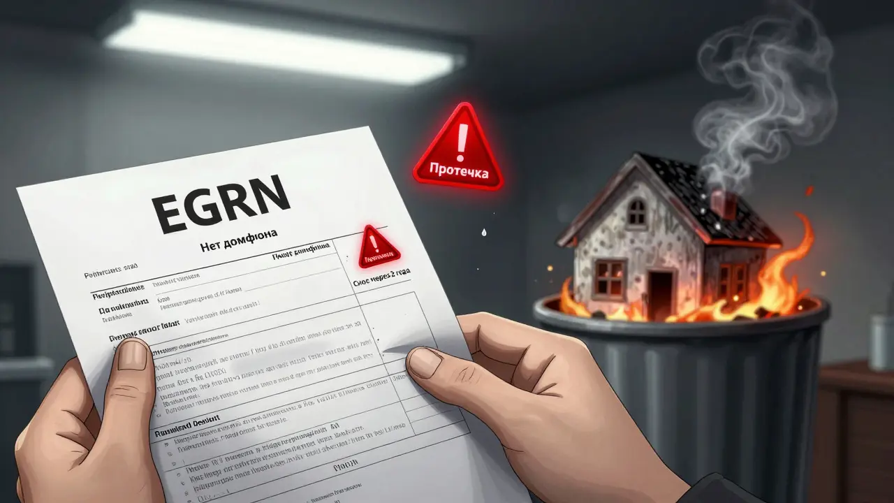 Рука держит выписку ЕГРН с красными предупреждениями об отказе в ипотеке.