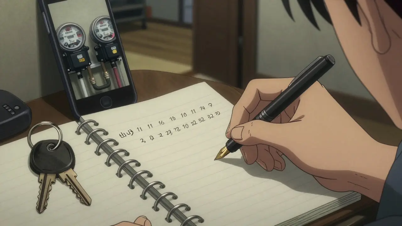 Рука записывает показания счетчиков, рядом фото и ключи на столе.