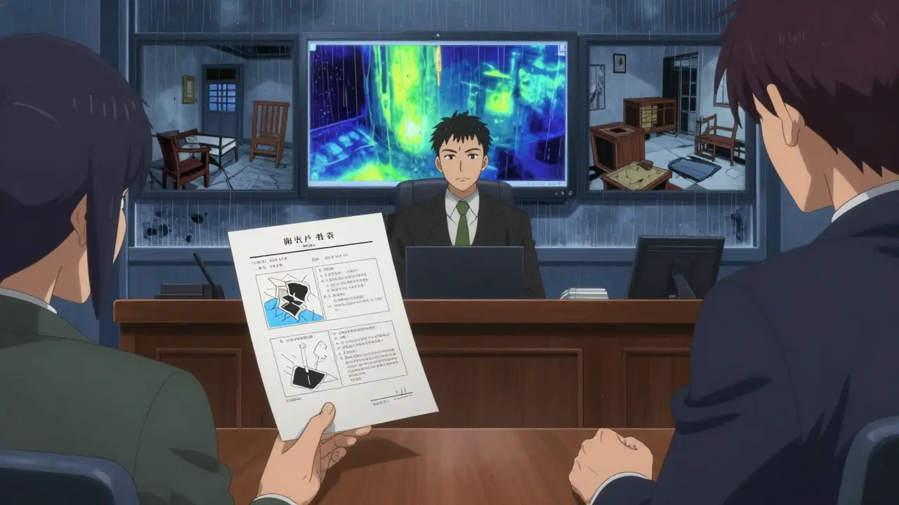 Судебное заседание: судья рассматривает отчет об ущербе, на экране — тепловизионные снимки повреждений.