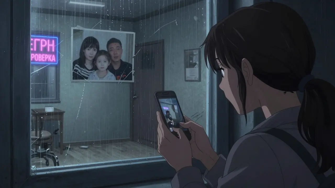 Женщина снимает пустую квартиру через окно, на стене — чужое семейное фото.