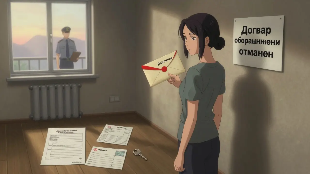 Женщина стоит в пустой квартире с документами, на стене — уведомление об отмене договора.