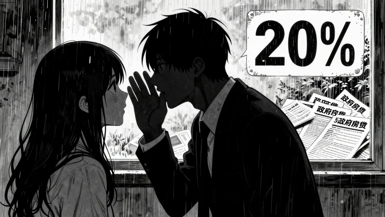 Агент шепчет покупателю, за его спиной — скрытая завышенная цена, дождь и падающие брошюры.