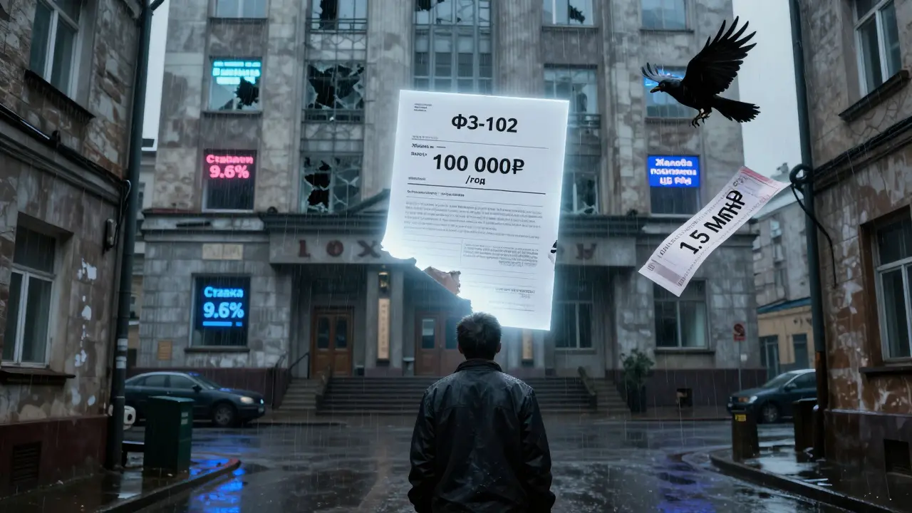 Человек держит ненужную страховку жизни, над ним — закон, а банк падает в разрушении.