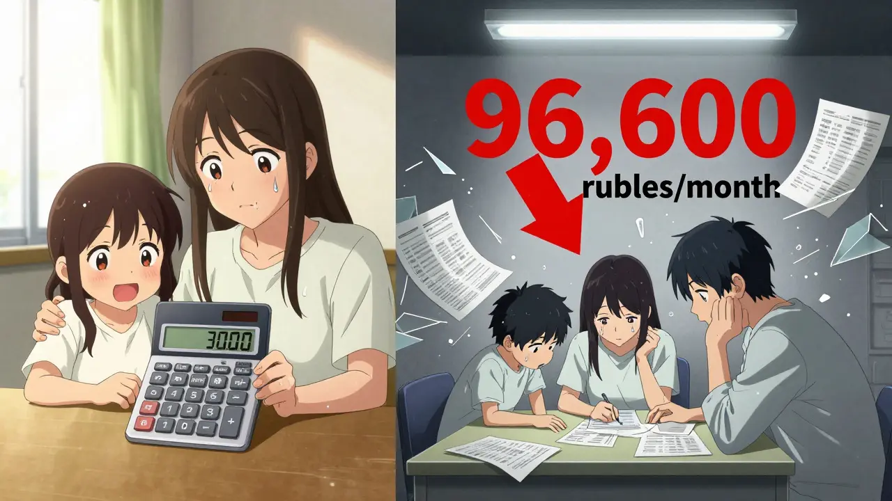 Разделённая сцена: семья радуется малому платежу слева, справа — тот же страх перед резким ростом.