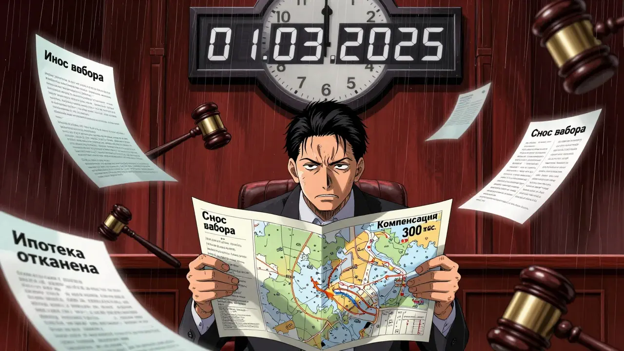 Человек в суде смотрит на падающие документы с последствиями покупки земли без межевания.