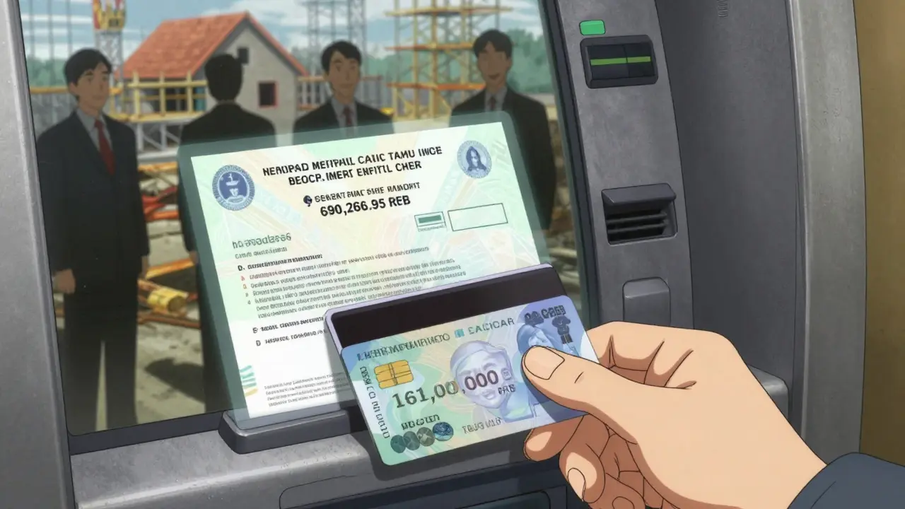 Рука кладёт карту в банкомат, над ней — прозрачные документы о материнском капитале и строящийся дом.