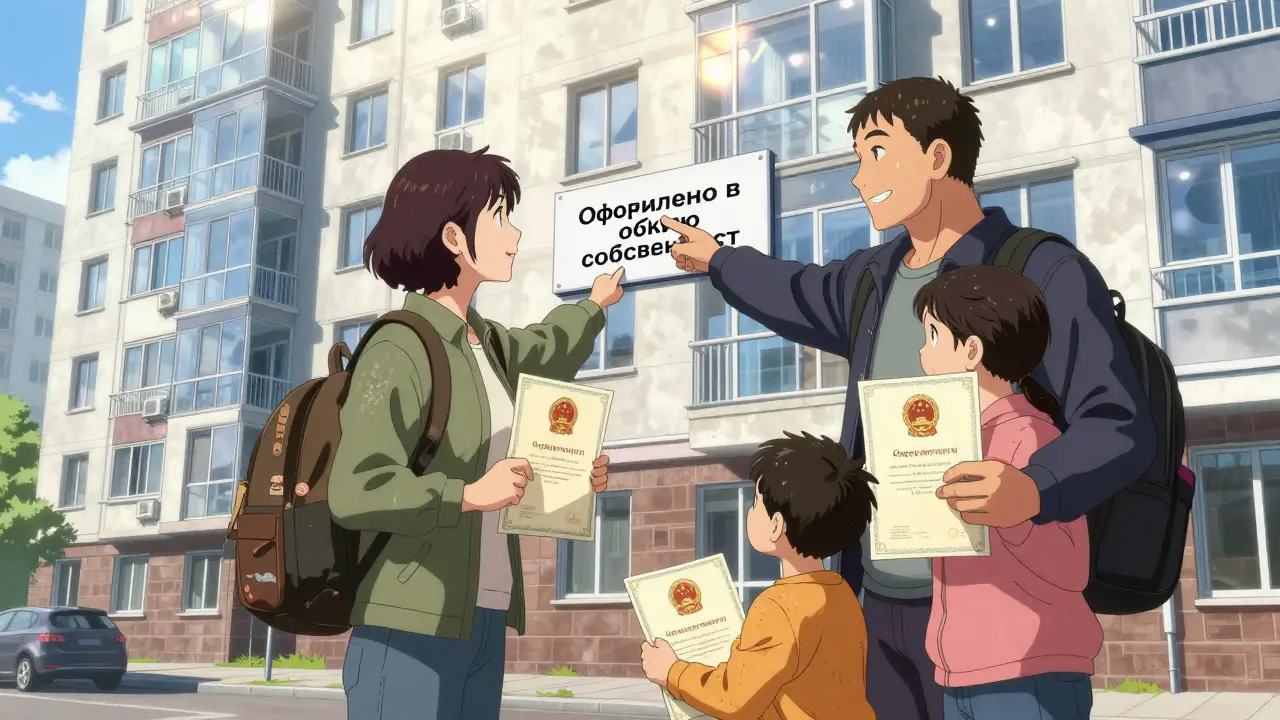 Семья стоит перед новой квартирой, держа сертификаты федерального и регионального материнского капитала.