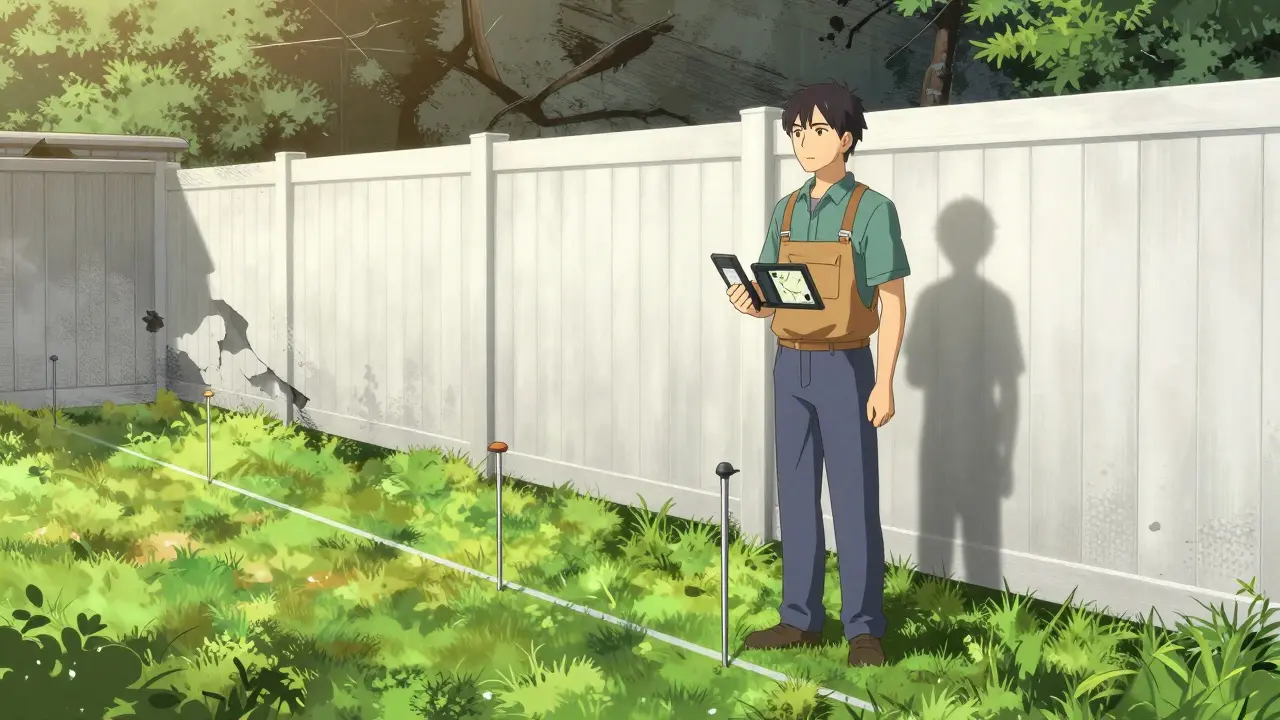 Собственник и кадастровый инженер отмечают четкие границы участка на рассвете.