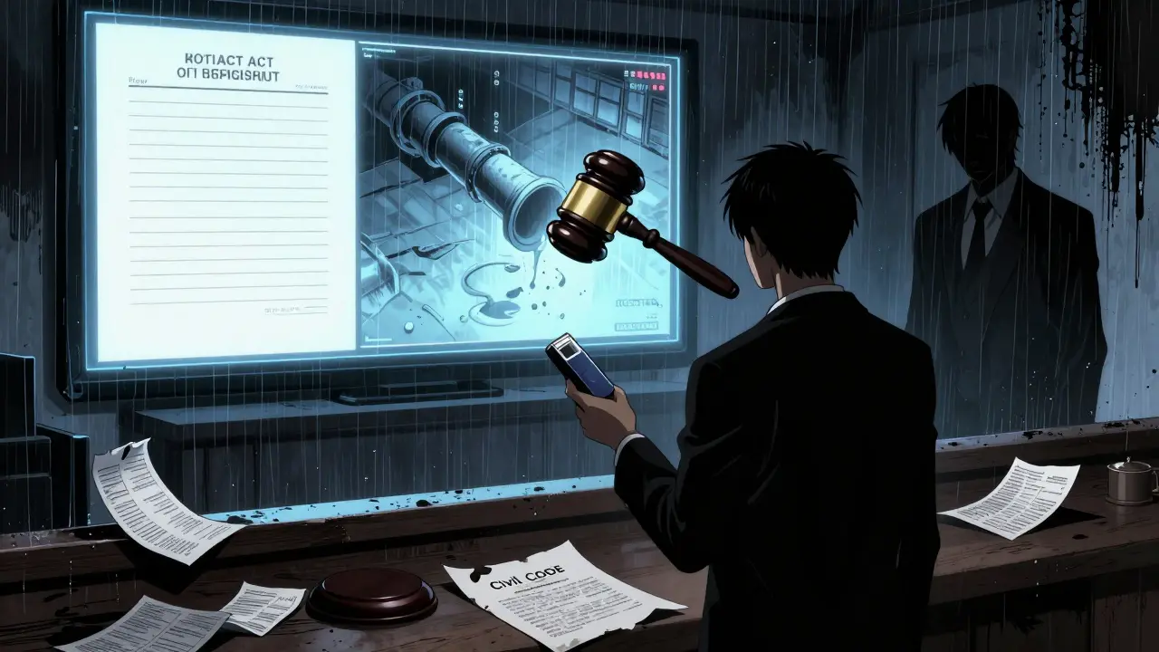 Судебный сценарий: цифровой экран показывает противопоставление подписанных бумаг и видео с течью, покупатель держит флешку.