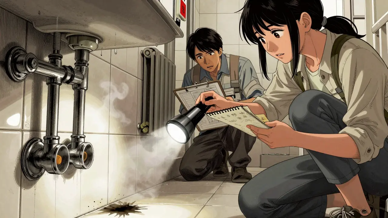 Женщина осматривает протечку в ванной, фонарик выделяет водяной след на стене, рядом — техническая документация.