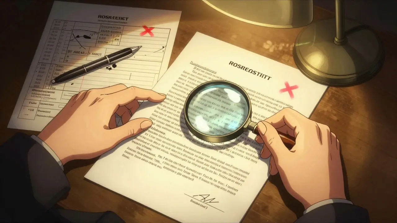 Женщина внимательно проверяет договор на ошибки под лампой.