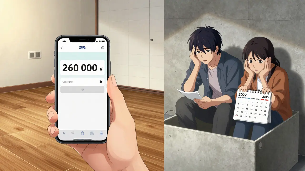 До и после: пара в пустой квартире и та же пара с новыми полами и деньгами на экране телефона.