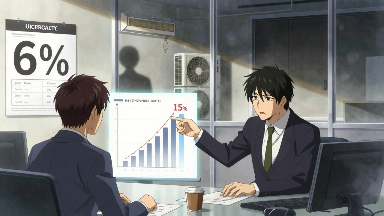 Инвестор встречается с застройщиком, который показывает ложные цифры доходности, а в тени — пустые номера.