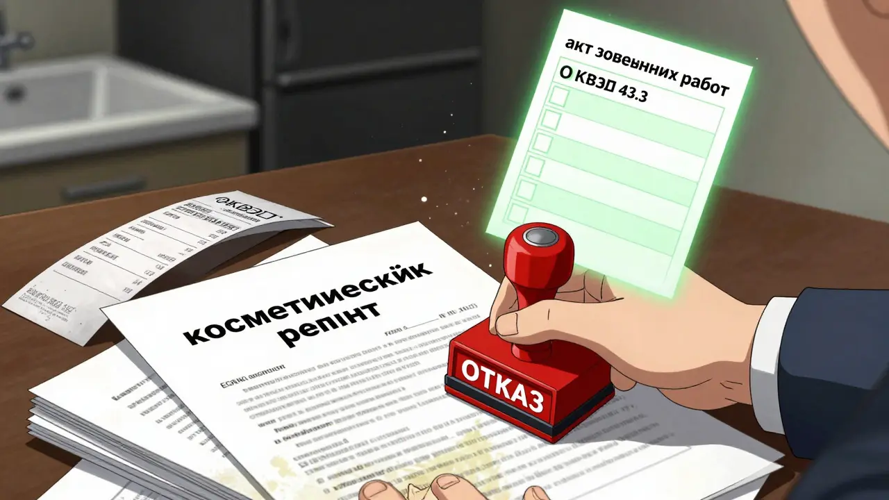 Налоговик штампует отказ на документах с кухней и некорректным ремонтом, рядом — правильный ОКВЭД 43.3.