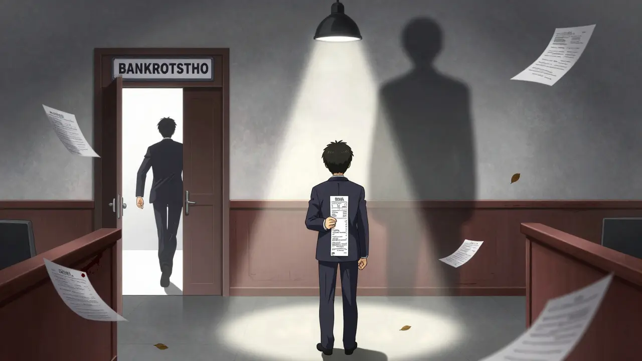 Новый собственник в суде, перед ним — тень бывшего владельца, убегающего от долгов, документы падают вокруг.