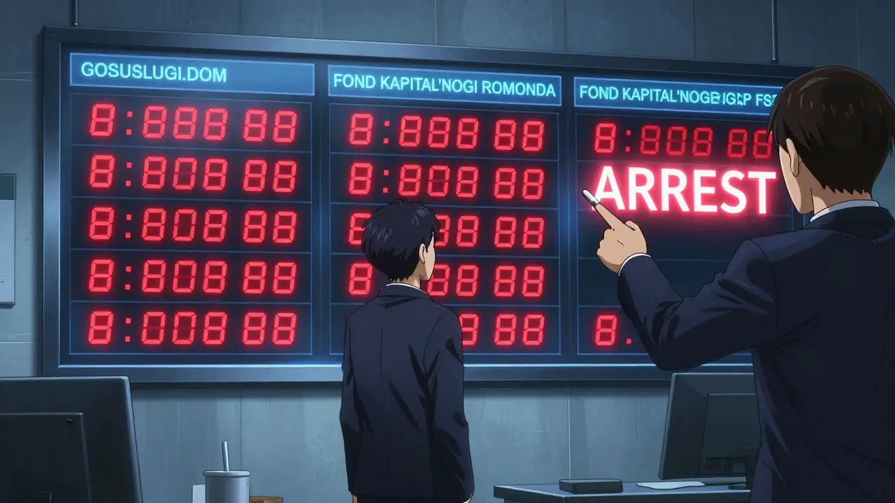 Покупатель смотрит на три экрана с красными долгами в офисе МФЦ: Госуслуги, ФССП и Фонд капитального ремонта.