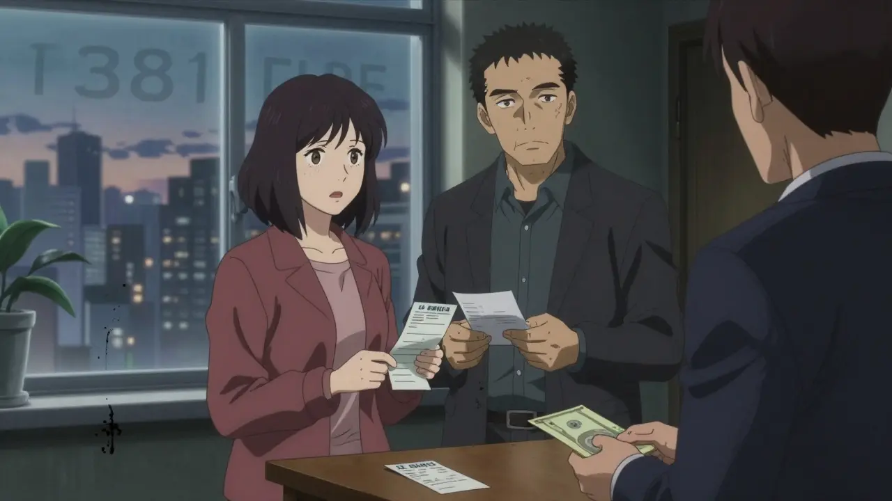 Продавец и покупатель в подъезде передают задаток, риэлтор наблюдает с тревогой.