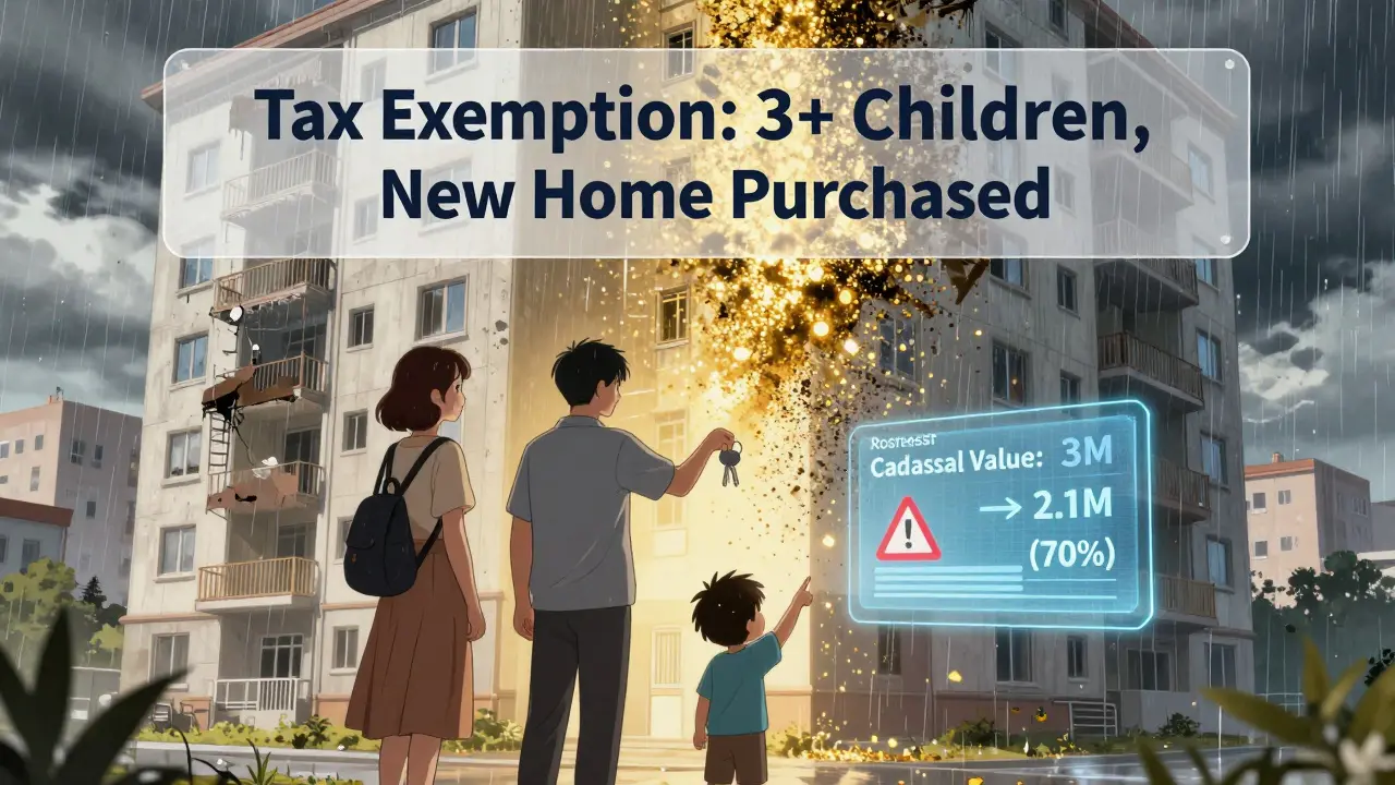 Семья с ключами от новой квартиры, старая квартира исчезает, над ними — надпись о налоговой льготе.