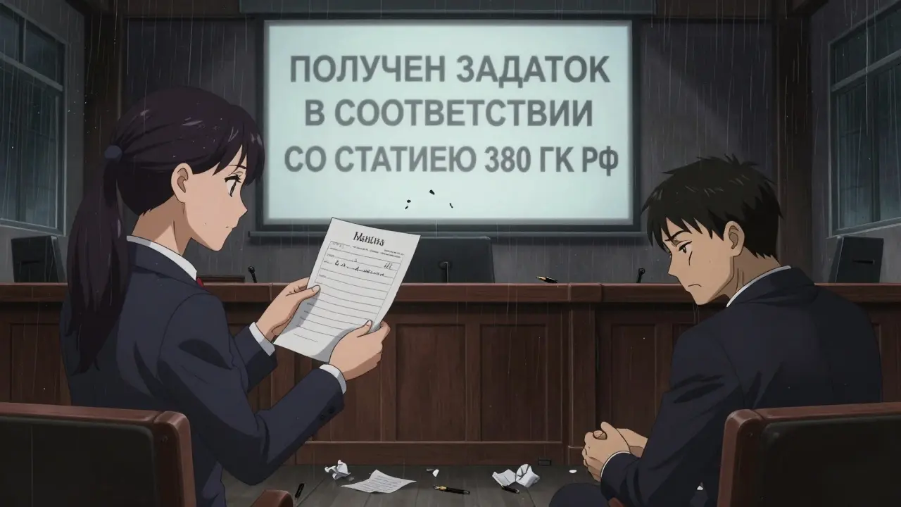 Судебное заседание по спору о задатке, судья держит расписку, стороны в напряжении.