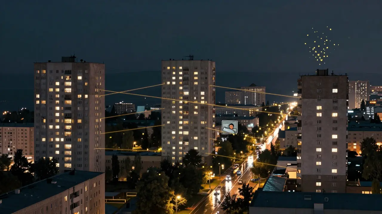 Три города России с подсвеченными апарт-отелями, соединённые золотыми линиями инвестиций, ночью под дождём.