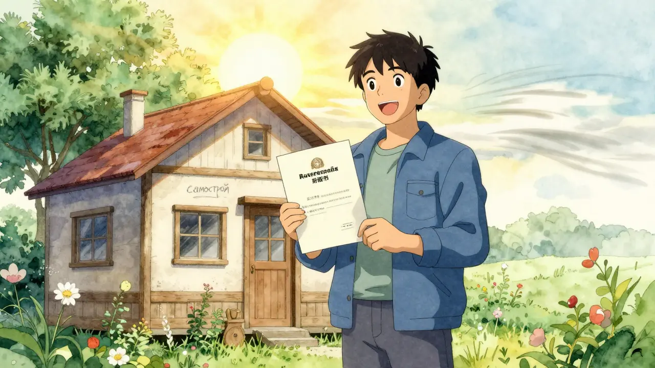 Человек держит свидетельство о собственности у законного дома, солнце освещает снесённый след самостроя.