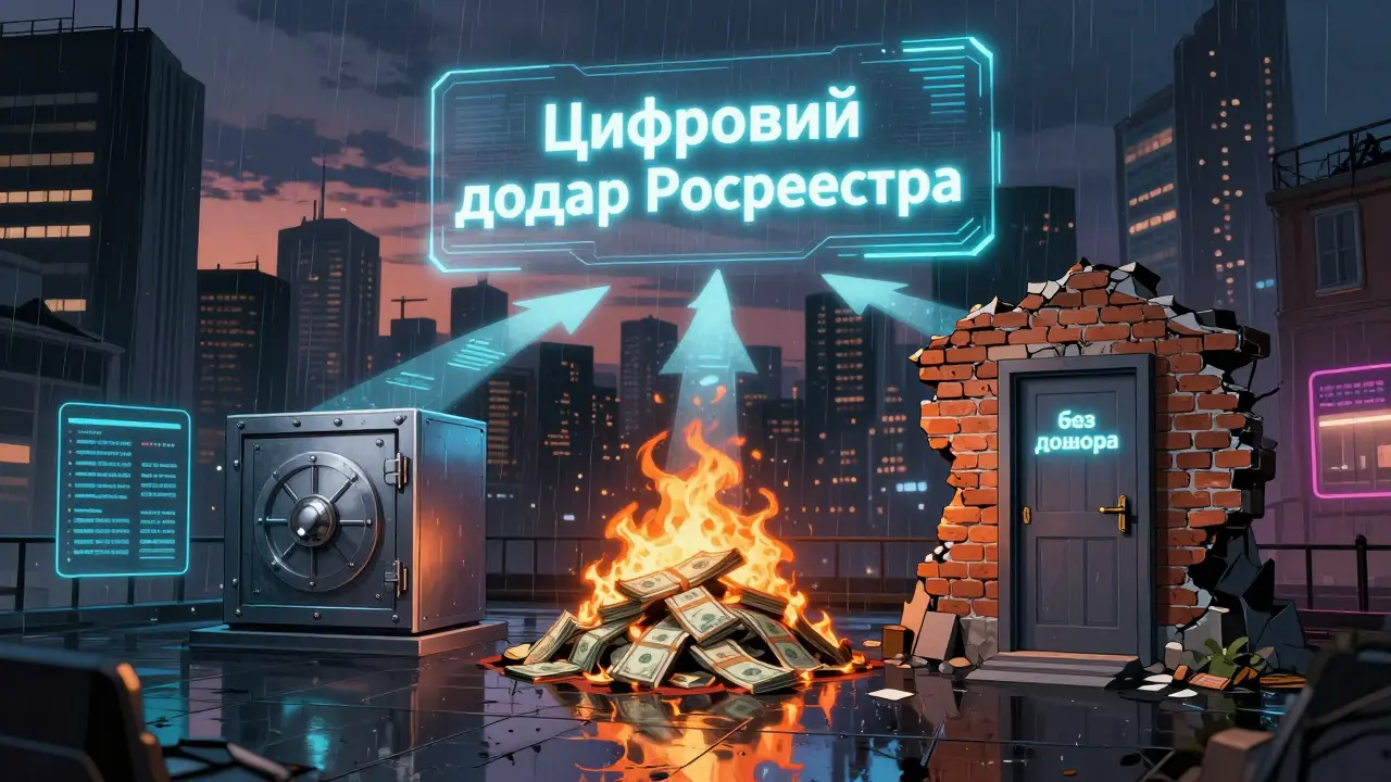Цифровой договор в блокчейне над городом, три пути: безопасный возврат денег, потеря аванса и риск без договора.