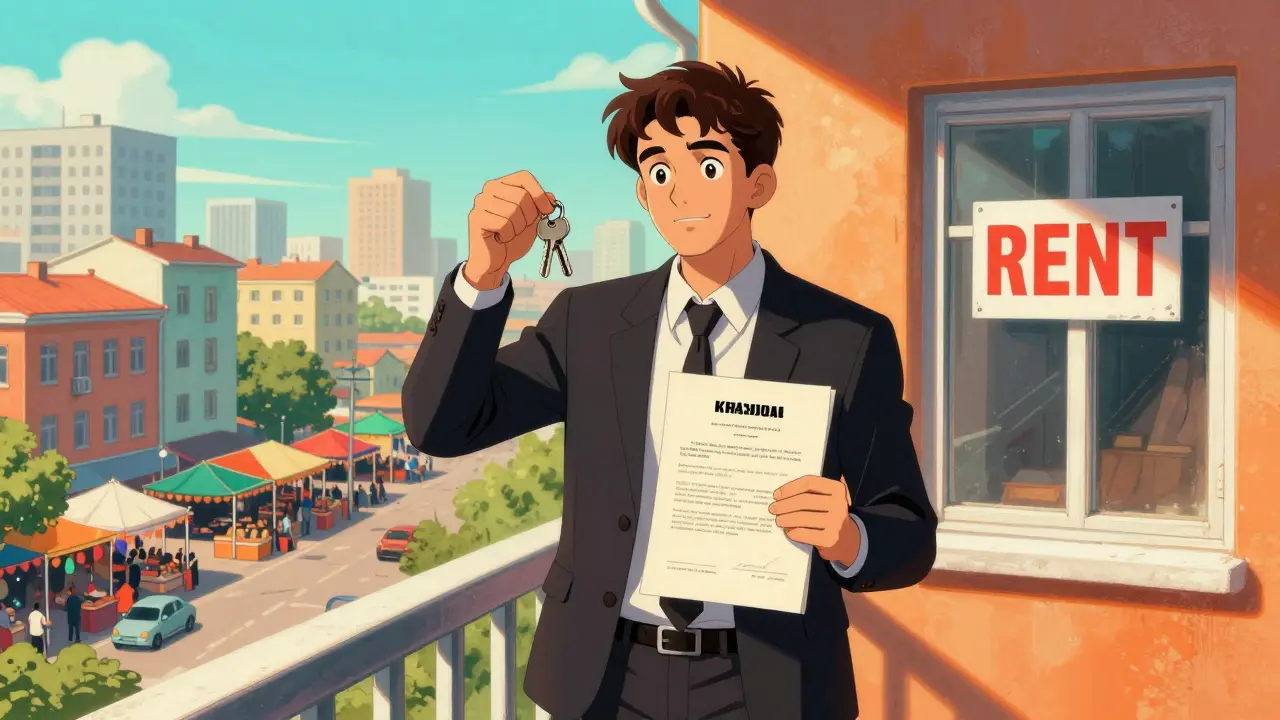 Инвестор на балконе в Краснодаре держит ключи и договор аренды на фоне яркого города.