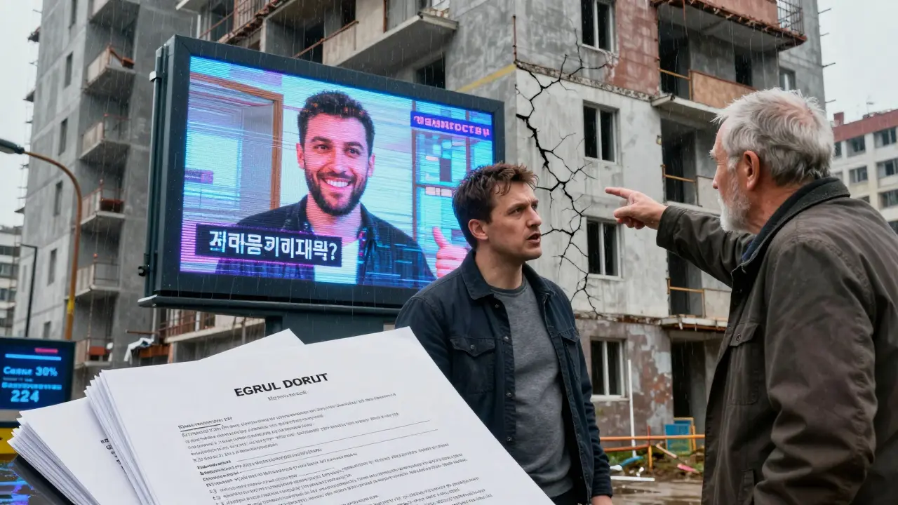 Мужчина разговаривает с жильцом у дома, позади — генерируемое видео с ложными отзывами.