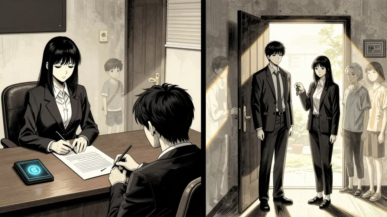 Пара подписывает договор у нотариуса, затем стоит у двери новой квартиры с ключами — прошлые жильцы исчезают в свете.