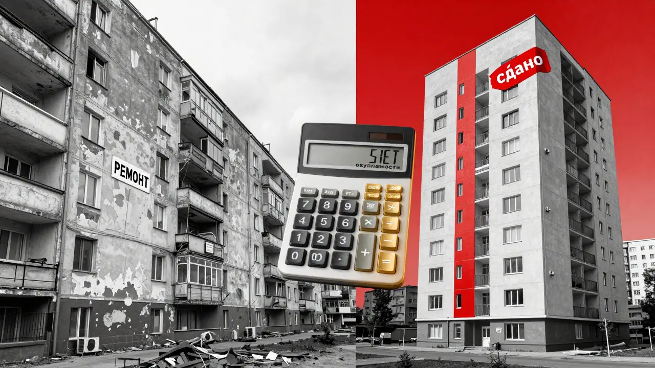 Разделённая сцена: старая квартира слева, новая — справа, между ними калькулятор с цифрой 15 лет.