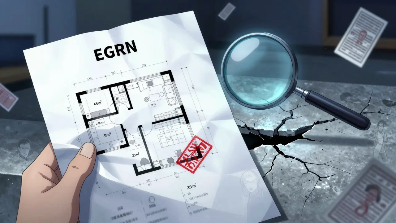 Рука держит выписку ЕГРН рядом с несоответствующим планом квартиры, красный знак предупреждения.