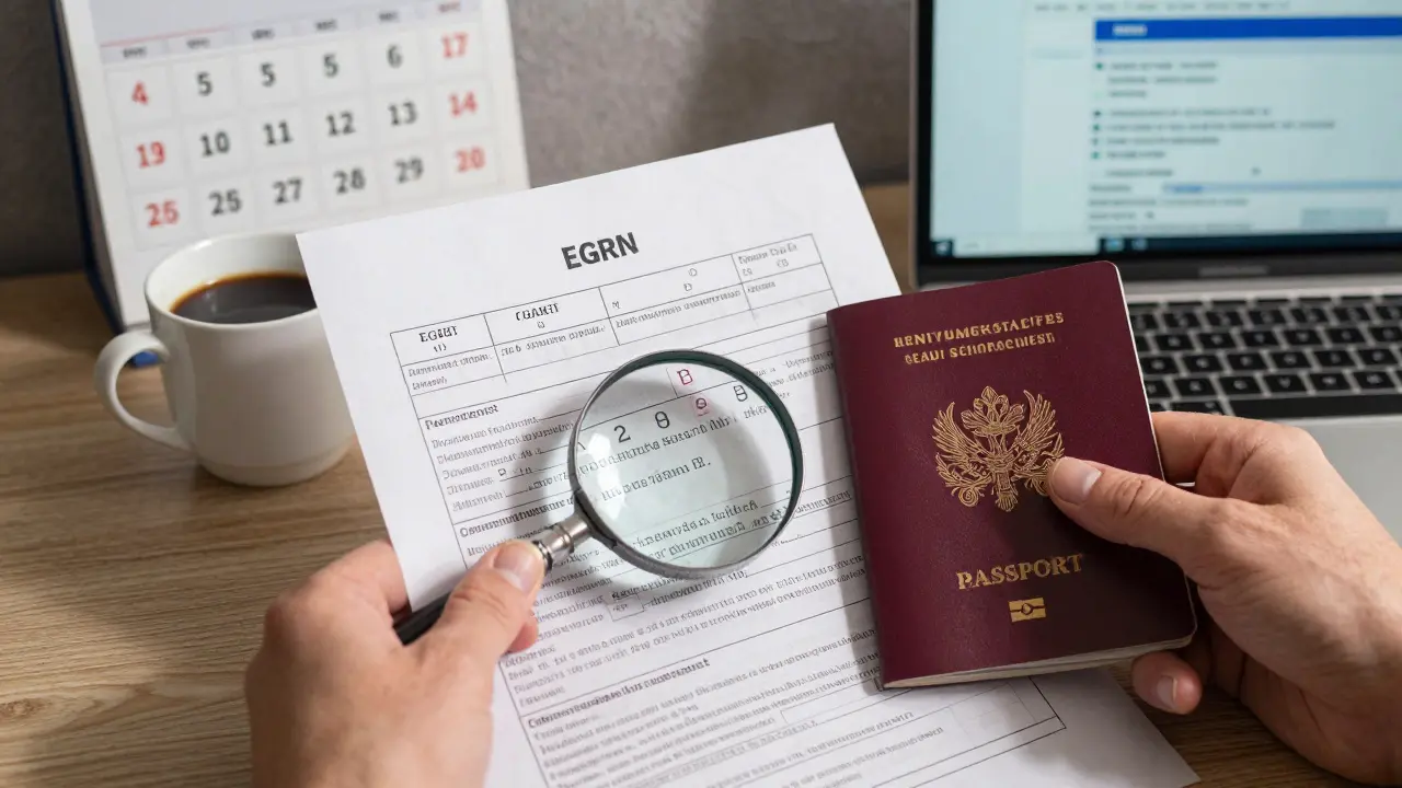 Рука держит выписку из ЕГРН, сравнивая её с техпаспортом БТИ, один символ в кадастровом номере не совпадает.