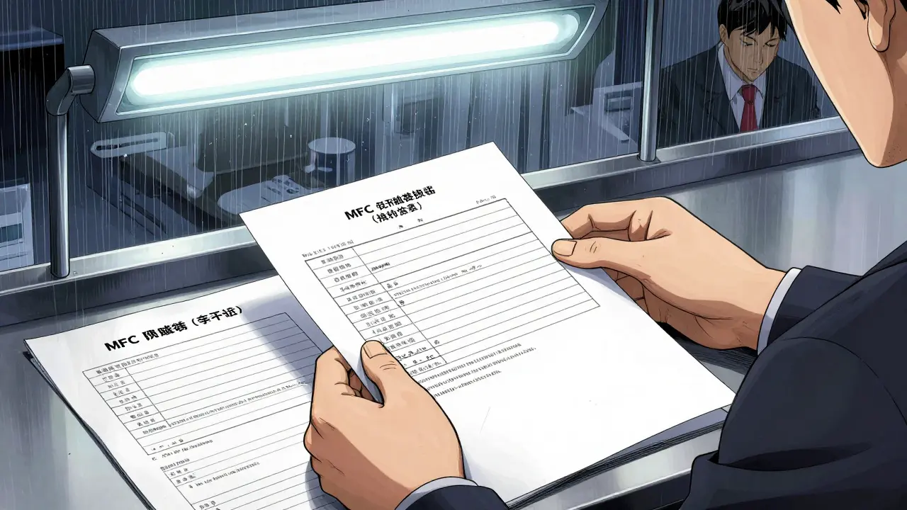 Руки кладут документы на стойке МФЦ: техплан, выписка из ЕГРН, согласия соседей.