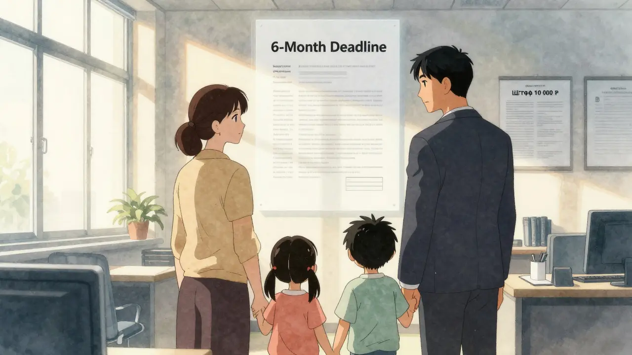 Семья получает документы на выделение долей детям в МФЦ, свет проникает через окно.