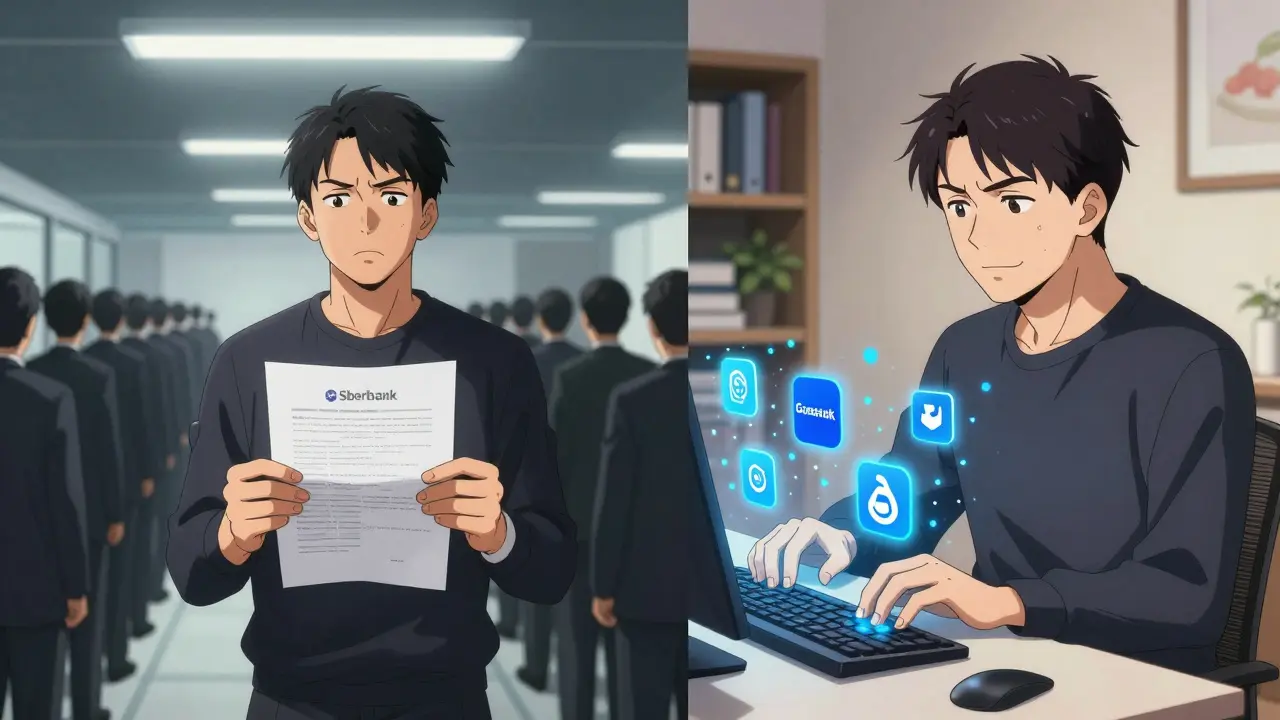 Сравнение: человек в очереди МФЦ и тот же человек, спокойно регистрирующий сделку дома.