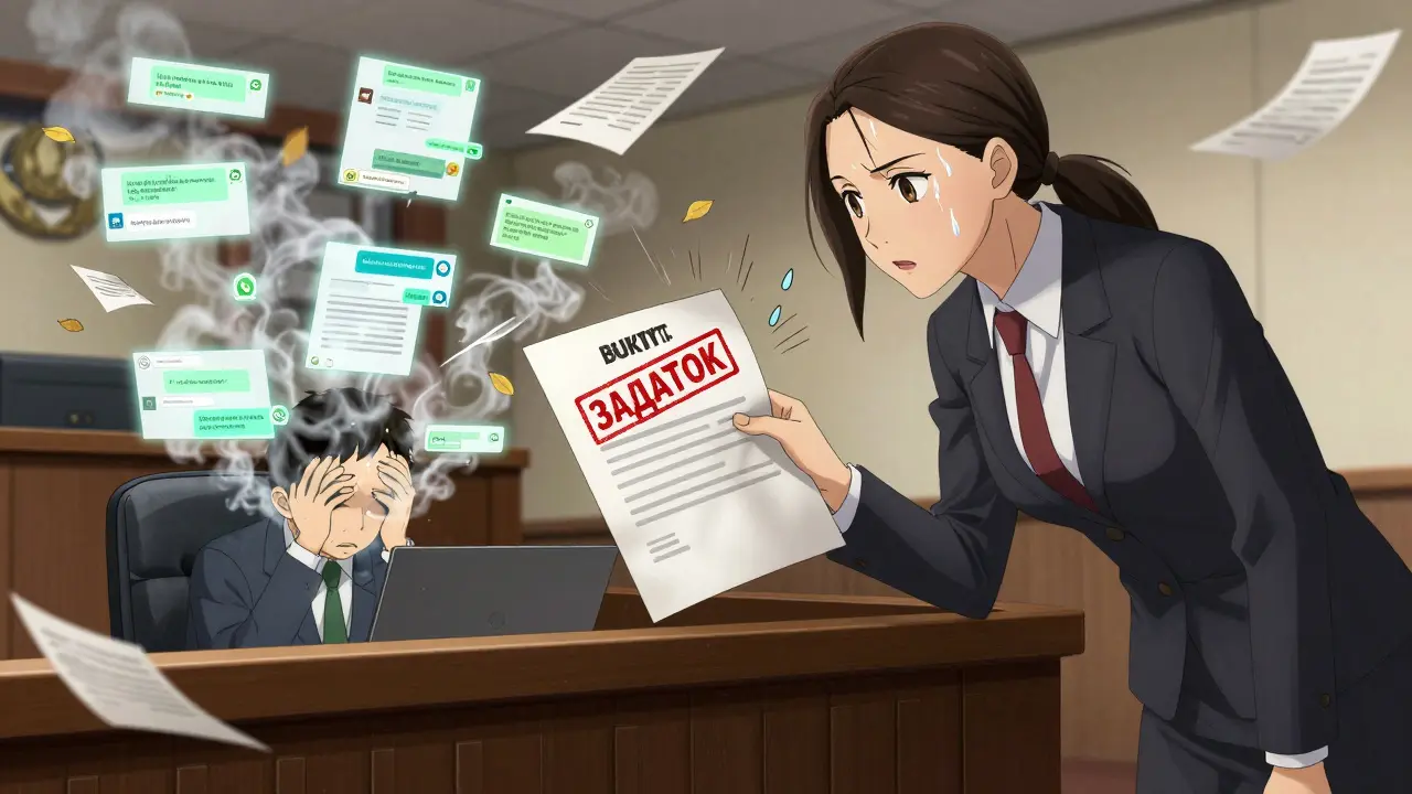 Женщина-юрист представляет предварительный договор в суде, продавец выглядит виновато, вокруг — разрушающиеся цифровые доказательства.