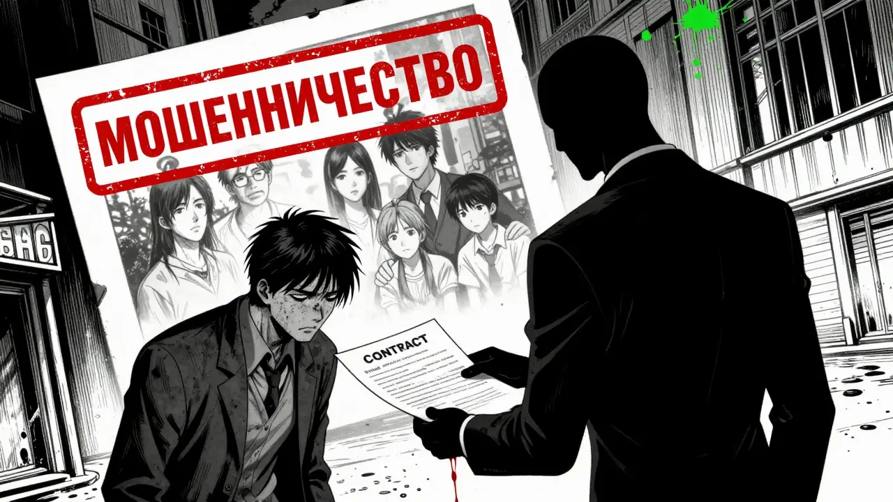 Мошенник предлагает фальшивый договор на ремонт, а за спиной — печать 'мошенничество'.