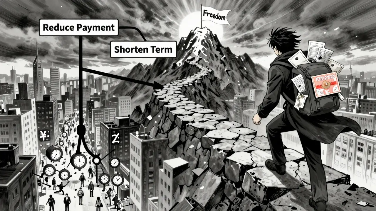 Человек поднимается по пути к свободе, обходя ловушку снижения платежей, в рюкзаке — налоговый вычет и маткапитал.