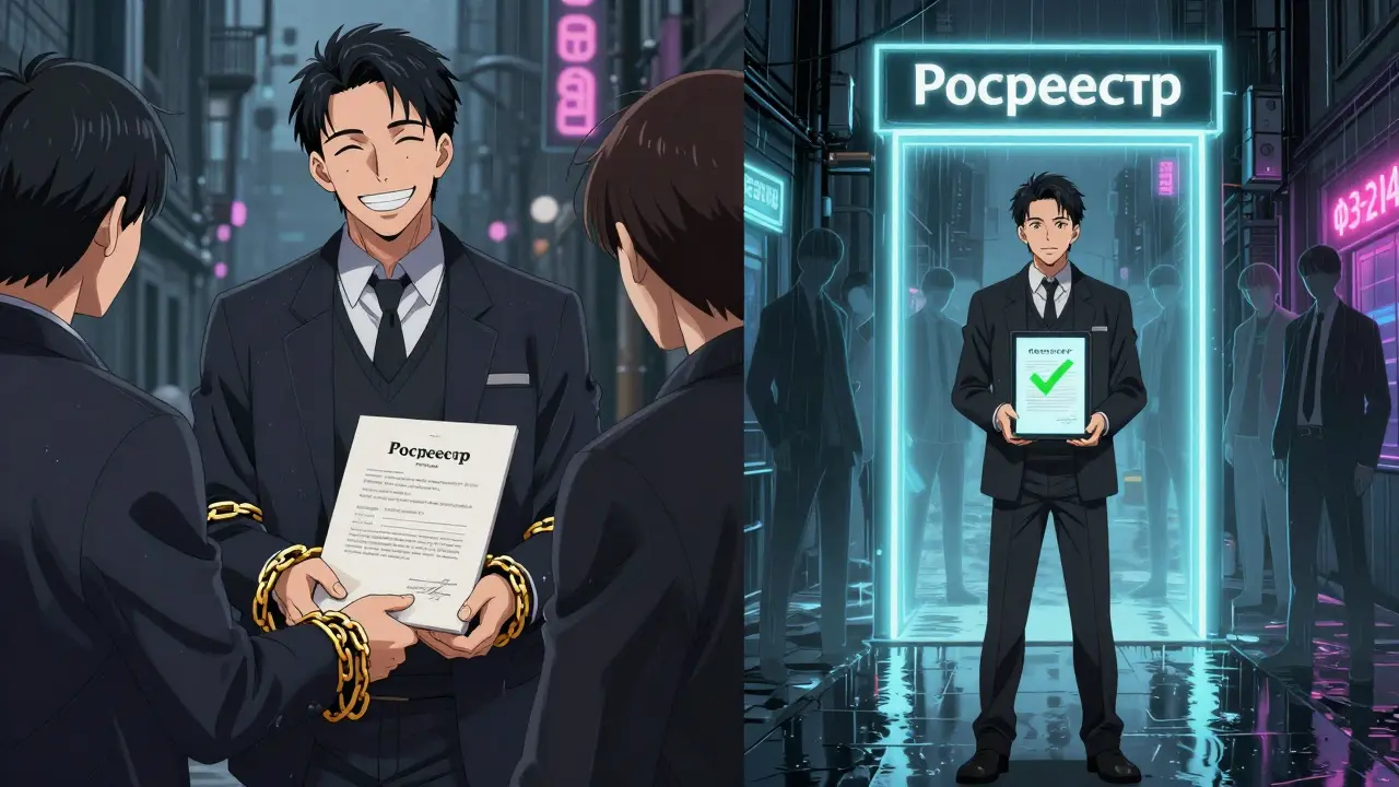 Дольщик стоит перед порталом Росреестра — один вариант договора зарегистрирован, другой — с цепями.