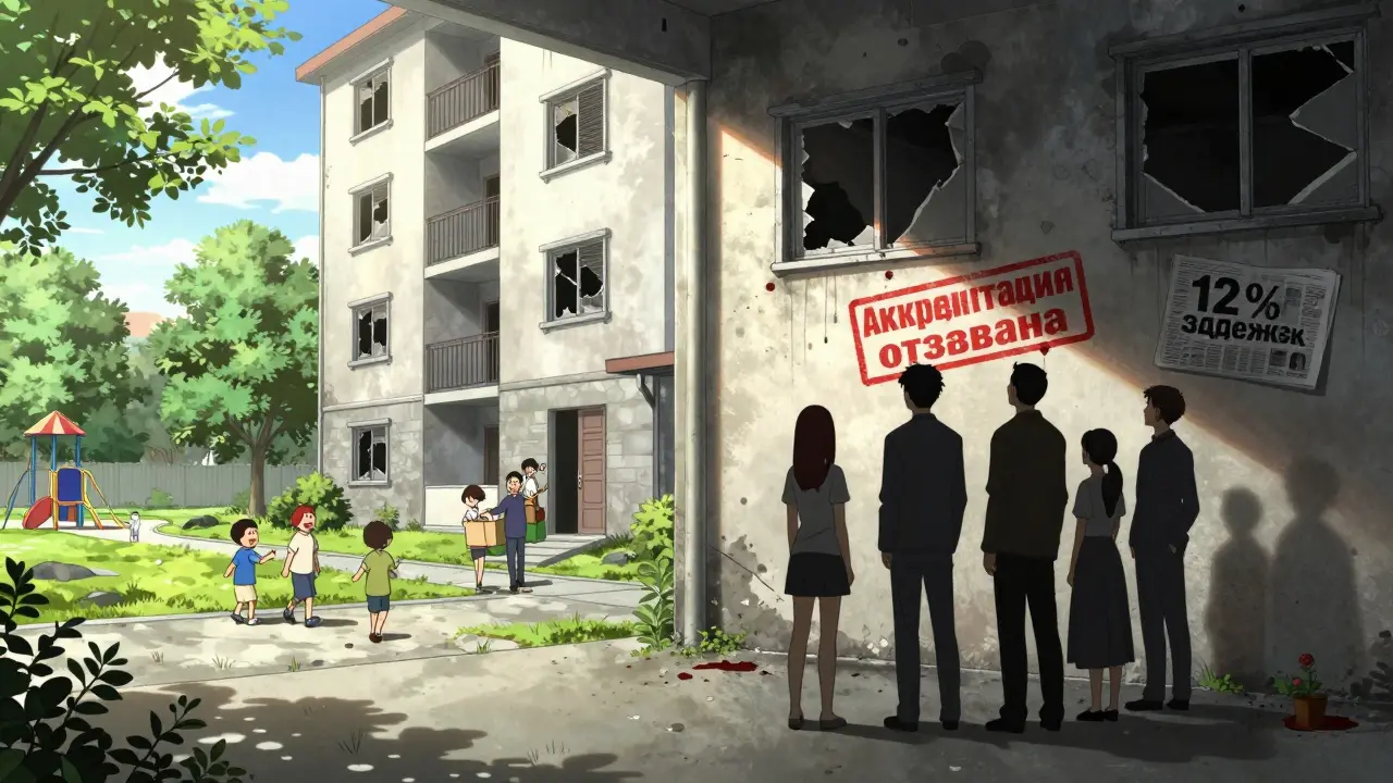 Два сценария: счастливая семья в новой квартире и та же семья перед руинами с надписью 'Аккредитация отозвана'.