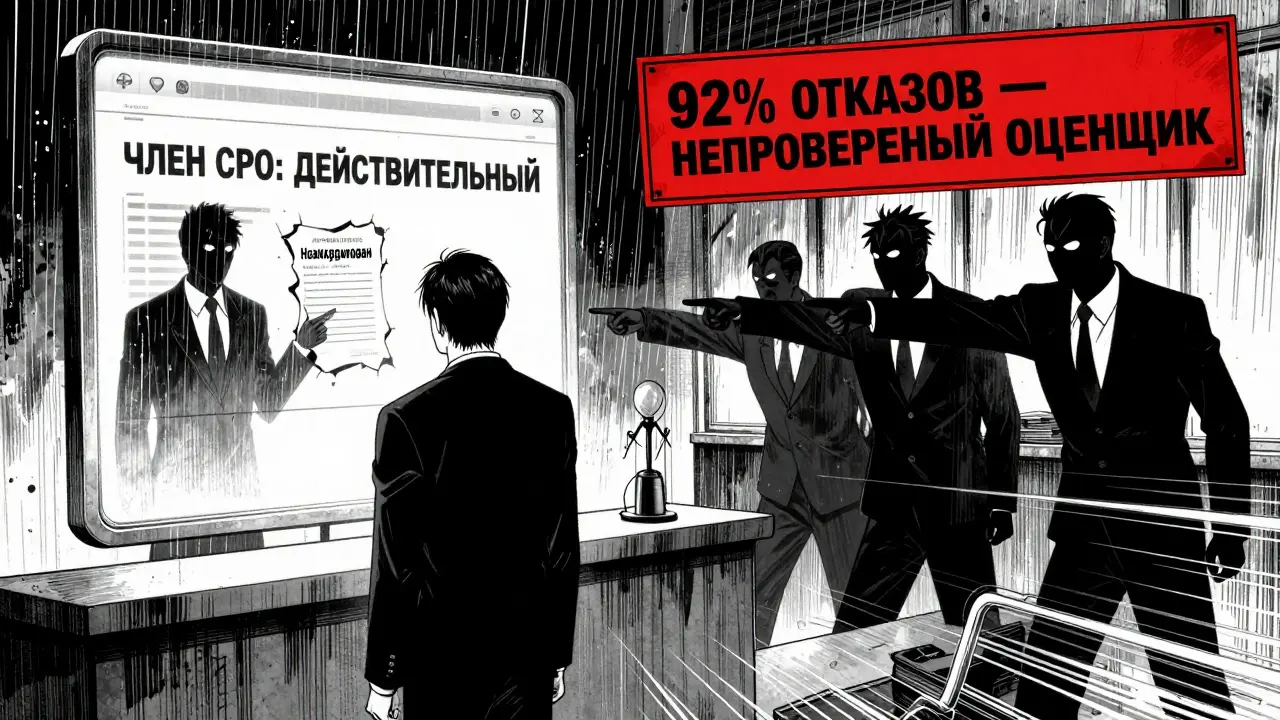 Клиент стоит перед экраном с подтвержденным статусом СРО, пока банк отвергает фальшивый отчет на фоне дождя.