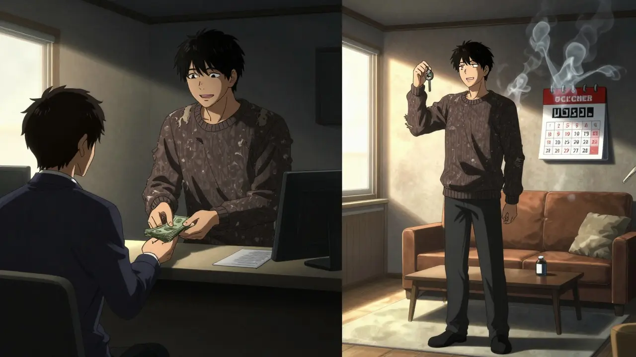 Мужчина в прошлом платит банку, в настоящем — держит ключ от квартиры, долг исчезает дымом.