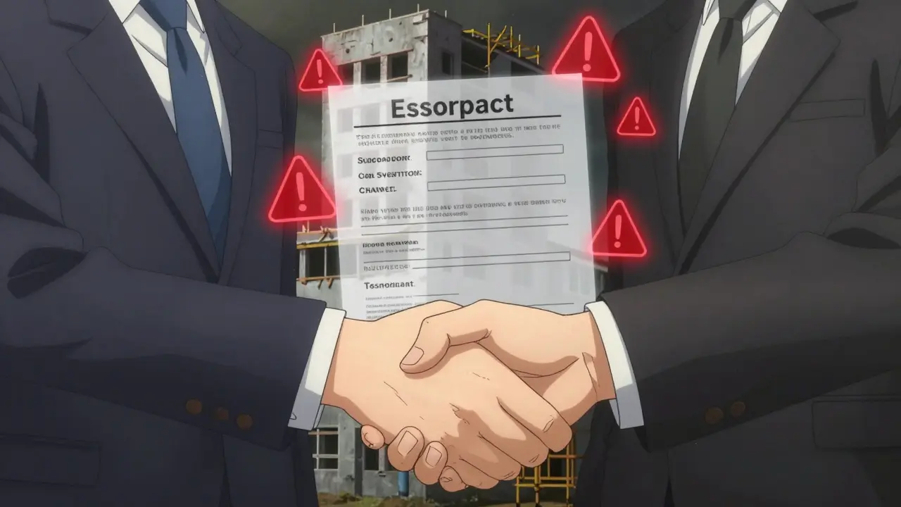 Руки заключают сделку над схемой эскроу-счёта, позади — разрушающееся здание.