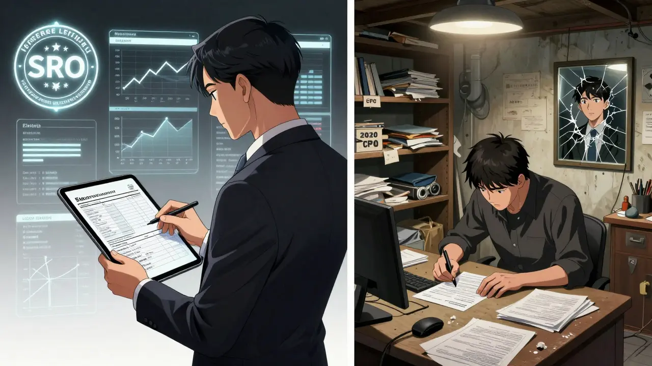 Сравнение честного и мошеннического оценщика: один — в профессиональной обстановке, другой — в грязном подвале.